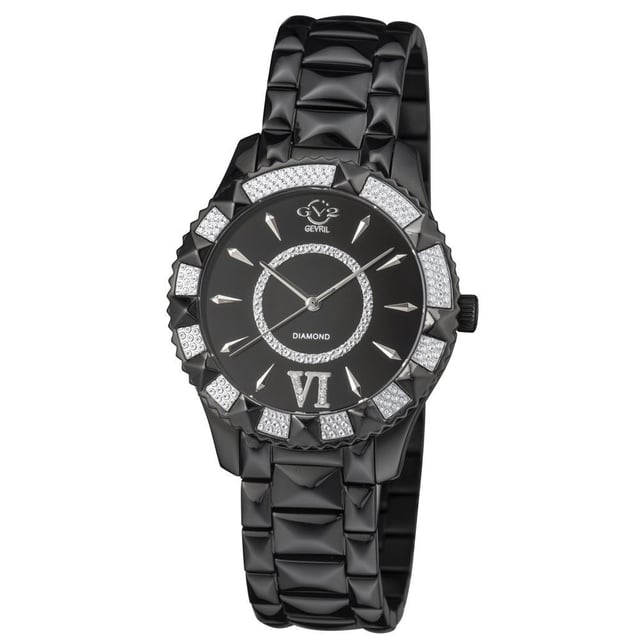 Perfected Swiss craftsmanship inspired by iconic Italian design. The Venice Collection by GV2 embodies the poetic beauty and notable fashion of Venice, Italy. Adorn wrists in this stunning series of diamond quartz timepieces. Ion-plated gold and stainless steel bands glint off the round, diamond cut bezel. Enchanting details, like six diamond inlays surrounding a sapphire face, delicately juxtapose a geometric bracelet. Classic yet stylish, the Venice Collection captures the beauty and romance of its namesake. Perfected Swiss craftsmanship inspired by iconic Italian design. The Venice Collection by GV2 embodies the poetic beauty and notable fashion of Venice, Italy. Adorn wrists in this stunning series of diamond quartz timepieces. Ion-plated gold and stainless steel bands glint off the round, diamond cut bezel. Enchanting details, like six diamond inlays surrounding a sapphire face, delicately juxtapose a geometric bracelet. Classic yet stylish, the Venice Collection captures the beauty and romance of its namesake.GV2 11713-425 Women's Venice Diamond Quartz Watch
GV2 Swiss Watch from the Venice Collection
39 mm  Round IP Black Case/Push Pull Crown
Diamond Bezel, Black Dial, 8 Diamonds on Indice 6
IP Black Bracelet with Deployment Buckle
Anti-reflective Sapphire Crystal;
Water Resistant to 50 Meters/5ATM
Swiss Quartz Movement Ronda 763