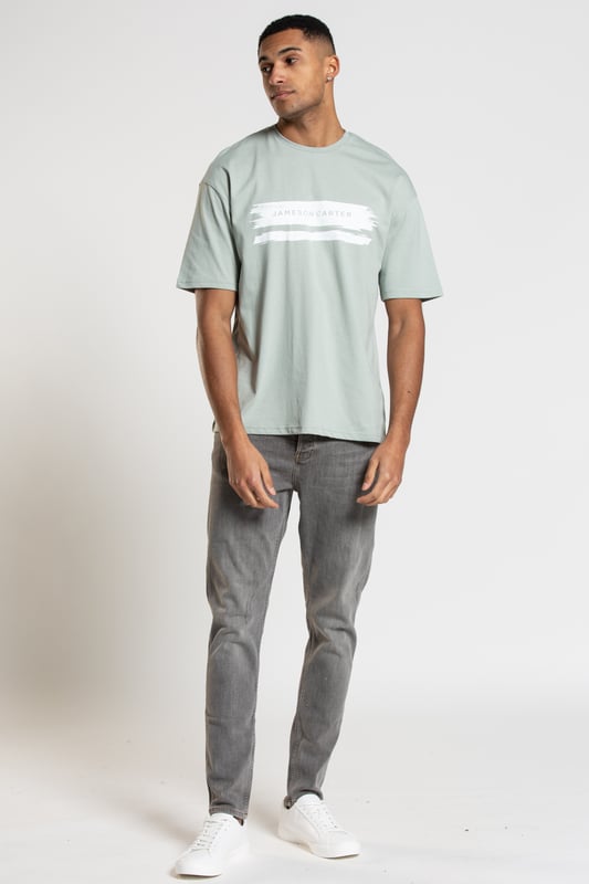 Green Paint Cotton Oversized T Shirt with Graphic Stripe Design
