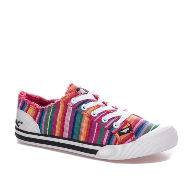 Rocket Dog Jazzin Eden Stripe Pumps für Damen in rot.<BR><BR>- Schnürverschluss mit Metallösen.<BR>- Zehenkappe und Sohle aus Gummi mit Streifendetail.<BR>- Seitliche Entlüftung mit Metallösen.<BR>- Gepolstertes Fußbett.<BR>- Raw Edge Finish am Obermaterial.<BR>- Streifenmuster im gesamten. <BR>- Branding auf der Zungenseite und an der Ferse.<BR>- Obermaterial und Futter aus Textil. Gummisohle.<BR>- Ref JAZZINEDENSTRI