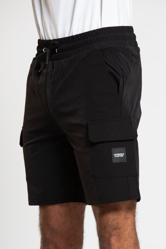 Black Cotton Cargo Shorts with Drawcord