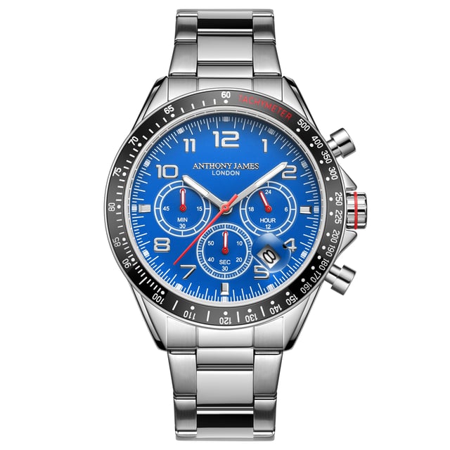 The Hand Assembled Anthony James  Tachymeter Chrono Steel Blue men’s watch boasts an array of exceptionally stylish and contemporary features ideal for gentlemen looking to enhance their look. The Quartz movement works the silver hour and minute hands that glow with white luminous features and are fitted against the sleek pacific-blue dial with UP indexes. The silver alloy case is enhanced by the Tachymeter bezel to easily measure your speed based on time and distance travelled, while the 202 stainless steel bracelet with wrapped links and a secure folded clasp and 304 stainless steel caseback provide the finalising details.
Quartz movement PE902
 Alloy case
Tachymeter Bezel with aluminium insert
3ATM Water resistant
 304 stainless steel caseback with snap-in
construction.
 Front mineral lens(bubble glass). 
Blue dial with UP indexes. 
Silver hour/minute hands with white luminous.
 202 stainless steel bracelet with wrapped links and folded clasp. 
Silver flash plating

Watch Dimensions:
Case Diameter- 43 mm
Case Thickness- 13.2 mm
Lug width- 20.1 mm
Strap width- 20 mm
Strap length- 178 mm
Weight- 130 grams