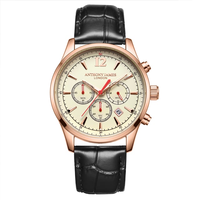 A Hand Assembled Anthony James Classic Chronograph Rose White men’s watch uses Quartz movement for the rose gold minute and hour hands and the three chrono eyes for exceptional precision. These are set against a cream dial and complemented by rose gold markers and the rose gold alloy case that includes round pushers for straightforward adjustability. The ink-black genuine leather strap with pin buckle fits perfectly into the case which is secured on the reverse by a 304 stainless steel caseback with dependable snap-in construction for assured wear whether at home or out of the house.
Quartz movement PE902.
 Alloy case
 Round pushers
3ATM Water resistant 
304 stainless steel caseback with snap-in
construction.
 Front mineral lens.
 Cream dial with 3 chrono eyes.
 Rosegold hour/minute hands. 
Black genuine leather strap with pin buckle. Rosegold flash plating

Watch Dimensions:
Case Diameter- 43 mm
Case Thickness- 10.8 mm
Lug width- 22.1 mm
Strap width- 22 mm
Strap length- 195 mm
Weight- 50 grams