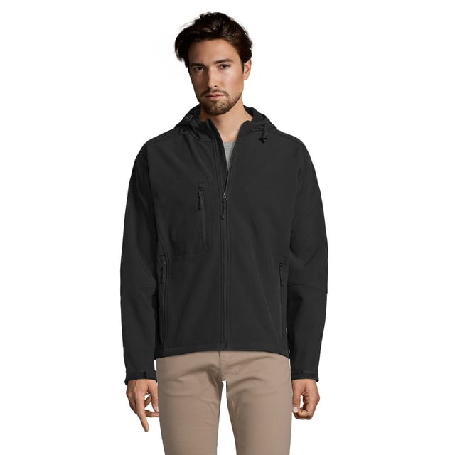 Breathable, windproof and water resistant. Taped neckline. Hood with adjustable drawcord. Collar high full zip with inner storm flap and chin guard. Two front zip pockets and one right chest zip pocket. Tear release adjustable cuffs. Adjustable drawcord at hem. Drop tail. Access for decoration. Material: Stretch soft shell fabric has a 94% polyester/6% elastane outer, membrane and polyester fleece backing. Chest (to fit): XS(35/36), S(36/38), M(38/40), L(41/42), XL(43/44), XXL(45/47), 3XL(47/49).