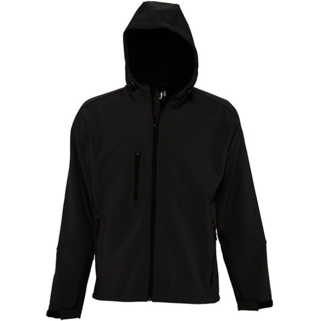 Breathable, windproof and water resistant. Taped neckline. Hood with adjustable drawcord. Collar high full zip with inner storm flap and chin guard. Two front zip pockets and one right chest zip pocket. Tear release adjustable cuffs. Adjustable drawcord at hem. Drop tail. Access for decoration. Material: Stretch soft shell fabric has a 94% polyester/6% elastane outer, membrane and polyester fleece backing. Chest (to fit): XS(35/36), S(36/38), M(38/40), L(41/42), XL(43/44), XXL(45/47), 3XL(47/49).
