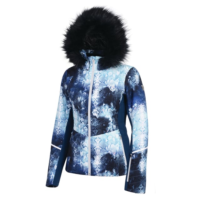 Insulated, waterproof and breathable Ared V02 15000 polyester 4-way stretch fabric. Detachable hood with adjuster and removable faux fur trim. Metal effect centre front zip with inner zip and chin guard, elasticated side body panels, articulated sleeve design, velvet touch inner collar and critically taped seams, inner stretch cuffs. 2 x lower pockets with metal effect zips, 1 x ski pass pocket with metal effect zip, multiple internal pockets including headphone port. Detachable snowskirt with stretch panel and gel gripper tape.