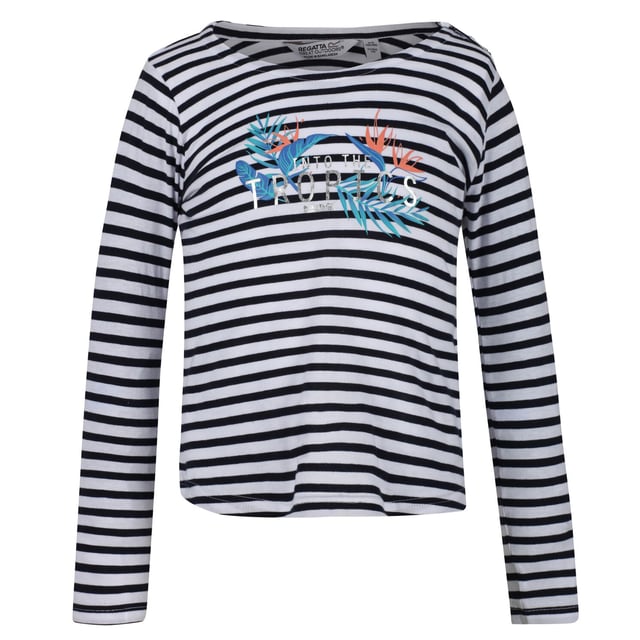 Regatta Childrens/Kids Carmella Long Sleeved Striped T-Shirt Material: 100% cotton. Coolweave cotton stripe jersey fabric. Graphic print. Cut with long sleeves. Crew-neck collar. Super soft and naturally breathable. Chest sizes to fit: (2 Yrs): 53-55cm, (3-4 Yrs): 55-57cm, (5-6 Yrs): 59-61cm, (7-8 Yrs): 63-67cm, (9-10 Yrs): 69-73cm, (11-12 Yrs): 75-79cm, (13 Yrs): 82cm, (14 Yrs): 86cm, (15-16 Yrs): 89-92cm.