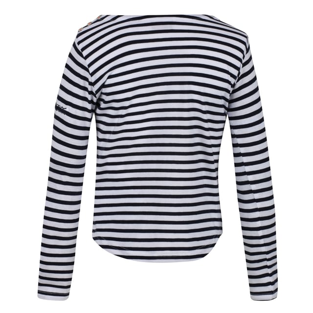 Regatta Childrens/Kids Carmella Long Sleeved Striped T-Shirt Material: 100% cotton. Coolweave cotton stripe jersey fabric. Graphic print. Cut with long sleeves. Crew-neck collar. Super soft and naturally breathable. Chest sizes to fit: (2 Yrs): 53-55cm, (3-4 Yrs): 55-57cm, (5-6 Yrs): 59-61cm, (7-8 Yrs): 63-67cm, (9-10 Yrs): 69-73cm, (11-12 Yrs): 75-79cm, (13 Yrs): 82cm, (14 Yrs): 86cm, (15-16 Yrs): 89-92cm.