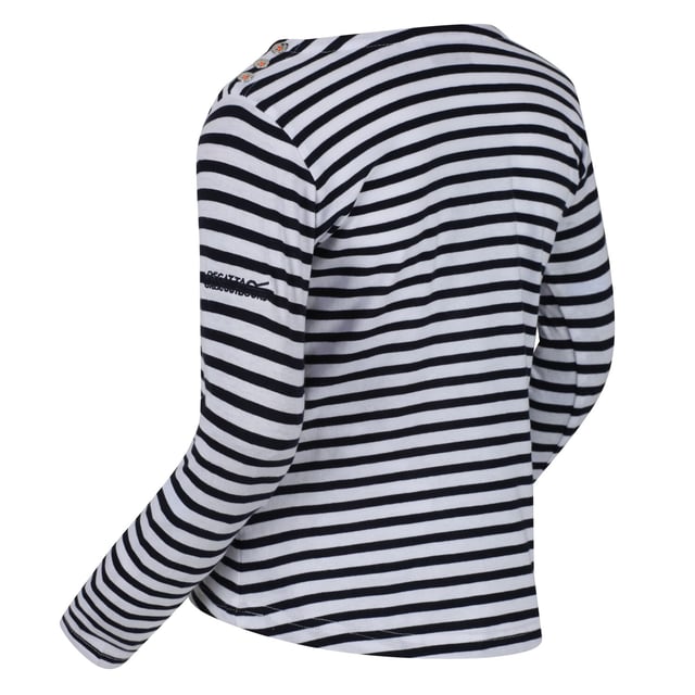 Regatta Childrens/Kids Carmella Long Sleeved Striped T-Shirt Material: 100% cotton. Coolweave cotton stripe jersey fabric. Graphic print. Cut with long sleeves. Crew-neck collar. Super soft and naturally breathable. Chest sizes to fit: (2 Yrs): 53-55cm, (3-4 Yrs): 55-57cm, (5-6 Yrs): 59-61cm, (7-8 Yrs): 63-67cm, (9-10 Yrs): 69-73cm, (11-12 Yrs): 75-79cm, (13 Yrs): 82cm, (14 Yrs): 86cm, (15-16 Yrs): 89-92cm.