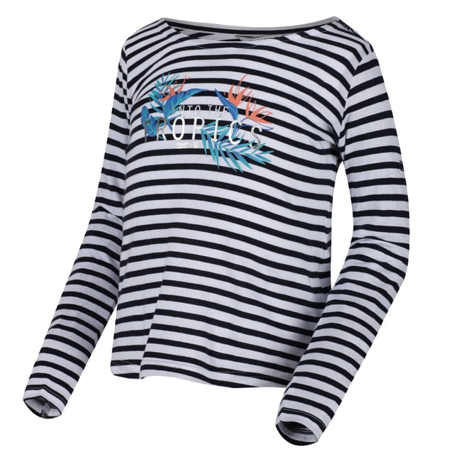 Regatta Childrens/Kids Carmella Long Sleeved Striped T-Shirt Material: 100% cotton. Coolweave cotton stripe jersey fabric. Graphic print. Cut with long sleeves. Crew-neck collar. Super soft and naturally breathable. Chest sizes to fit: (2 Yrs): 53-55cm, (3-4 Yrs): 55-57cm, (5-6 Yrs): 59-61cm, (7-8 Yrs): 63-67cm, (9-10 Yrs): 69-73cm, (11-12 Yrs): 75-79cm, (13 Yrs): 82cm, (14 Yrs): 86cm, (15-16 Yrs): 89-92cm.
