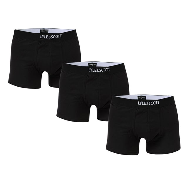 Mens Lyle and Scott Nathan 3 Pack Boxer Shorts in black.<BR><BR>- Lyle and Scott branding to the waist.<BR>- 3 pack.<BR>- Double layer pouch.<BR>- Iconic Lyle and Scott branding to the left hem.<BR>- 95% Cotton  5% Spandex. Machine washable.<BR>- Ref: NATHAN154<BR><BR>We regret that underwear is non-returnable due to hygiene reasons.