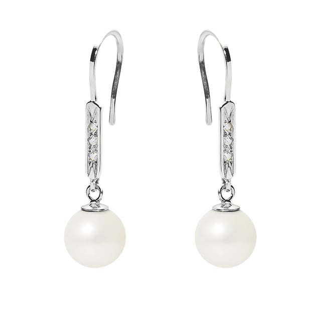 White Freshwater Pearl, Diamonds Dangling Earrings and white gold 750/1000 Made in France Beautiful pair of white Pearls earrings and 18K white Gold. The mount is set with diamonds 0.06 cts. Freshwater Cultured Pearls Quality AA Color : White Shape: Round Luster: Excellent Diameter : 8 mm Mounting : white Gold 750/1000 - 18K Weight of gold: 1.70 gr Weight of diamonds: 0.06 cts Type : Hanging Hooks Length : approx. 2.5 cm