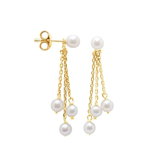 White Freshwater Pearls Dangling Earrings and yellow gold 750/1000 Made in France Beautiful pair of dangling earrings made with white Freshwater pearls of 4 mm. Mounting Solid gold yellow 750/1000 - 18K Shape: Round Diameter: 4mm Luster: Excellent Quality: AA Weight of gold: 0.85 gr