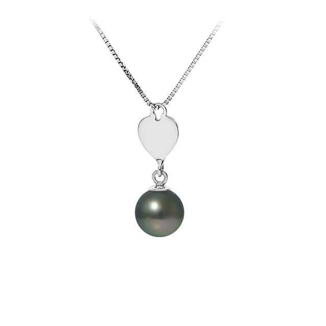 Black Tahitian Pearl and Heart Pendant Necklace and Sterling Silver 925/1000 Made in France This 925/1000 sterling silver necklace is made with of black tahitian pearl pendant of 8 mm. Delivered with 925/1000 chain of 43 cm. Shape of the pearl: rund Pearl size: 8 mm Quality : A Material: Sterling Silver 925/1000 Pendant dimension : 2.5 x 0.8 cm Weight : 1.40 gr