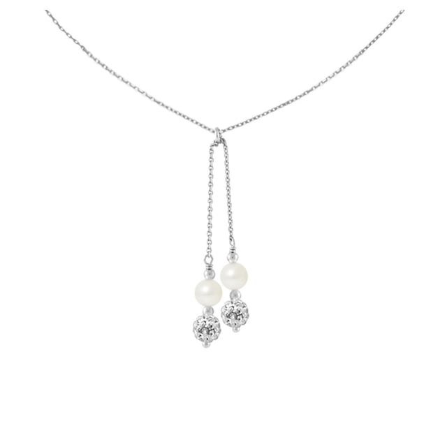 2 White Freshwater and Crystal Pearls Pendant and 925 Silver Necklace Made in France Mounting in 925 Sterling Silver Length : 45 cm Weight : 1.70 gr Length of Pendant : 2.5 and 3.5 cm 2 Freshwater Pearls 2 Crystals Pearls Color : White Quality : A Shape of pearl: Round Size of the pearl: 6 mm