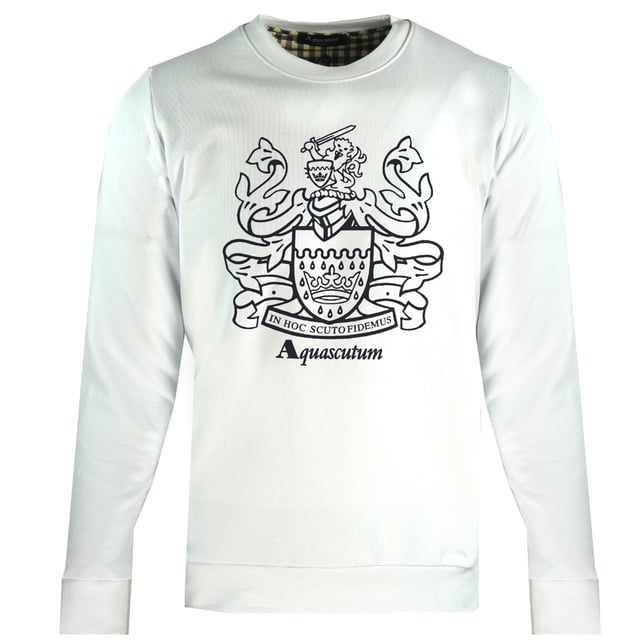 Aquascutum Large Crest wit sweatshirt met ronde hals. Wit sweatshirt met Aquascutum-logo. Elastische kraag, mouwuiteinden en taille. 100% katoen. Gemaakt in Italië. QMF001L0 01