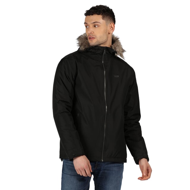 Waterproof Hydrafort 100% polyester peached fabric. Taped seams. Durable water repellent finish. Thermo-Guard insulation. Polyester taffeta lining. Internal zipped security pocket. Grown on hood with adjuster and removable faux fur trim. 2 zipped lower pockets. Adjustable drawcord hem.