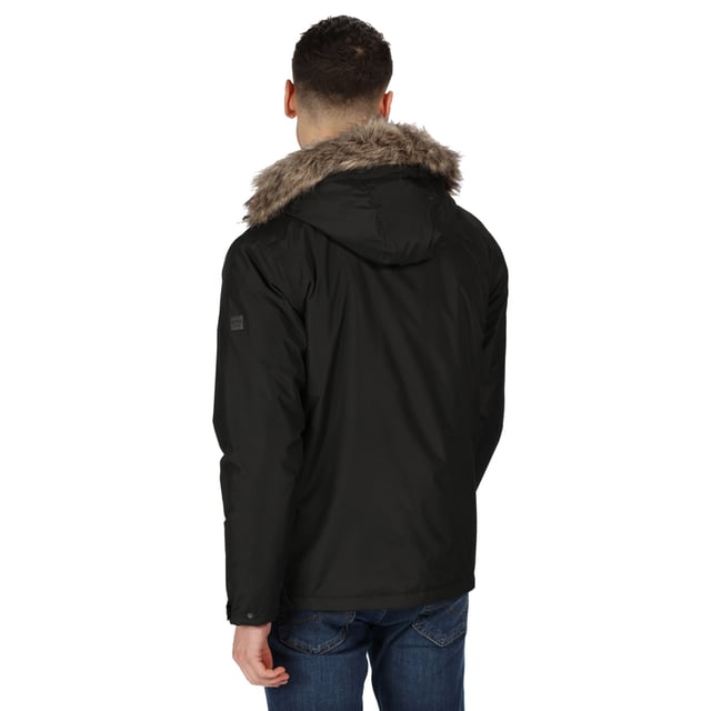 Waterproof Hydrafort 100% polyester peached fabric. Taped seams. Durable water repellent finish. Thermo-Guard insulation. Polyester taffeta lining. Internal zipped security pocket. Grown on hood with adjuster and removable faux fur trim. 2 zipped lower pockets. Adjustable drawcord hem.