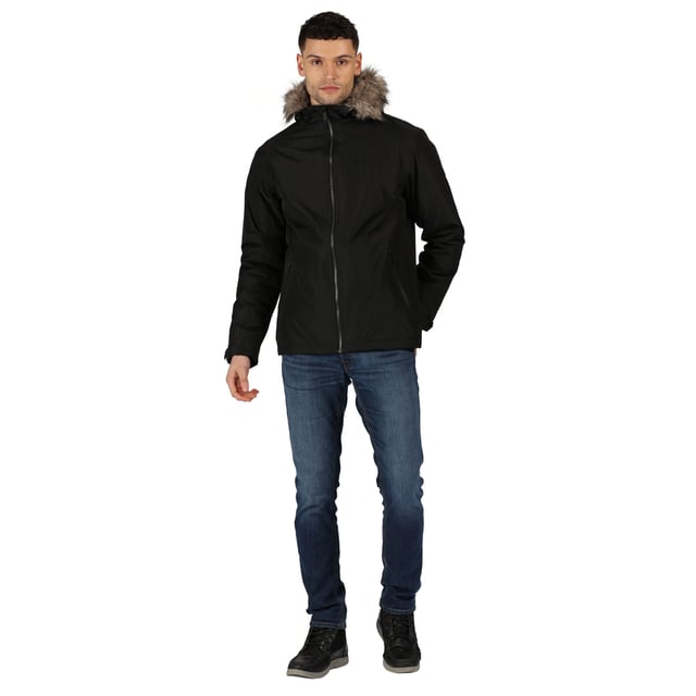Waterproof Hydrafort 100% polyester peached fabric. Taped seams. Durable water repellent finish. Thermo-Guard insulation. Polyester taffeta lining. Internal zipped security pocket. Grown on hood with adjuster and removable faux fur trim. 2 zipped lower pockets. Adjustable drawcord hem.