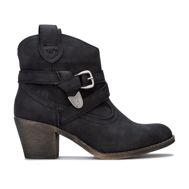 Womens Rocket Dog Satire Lane Boots in Black.- Faux leather western style boot.- Comfortable lining to inner collar.- Almond shaped toe.- Ankle strap and buckle detail.- Side pull-on tabs.- Rocket Dog branding to side.- Heel height 2.75in (7cm) approximately.- Boot height 3.75in (9.5cm) approximately (back measurement).- Synthetic upper  Textile lining  Synthetic sole.- Ref: SATIRELANE
