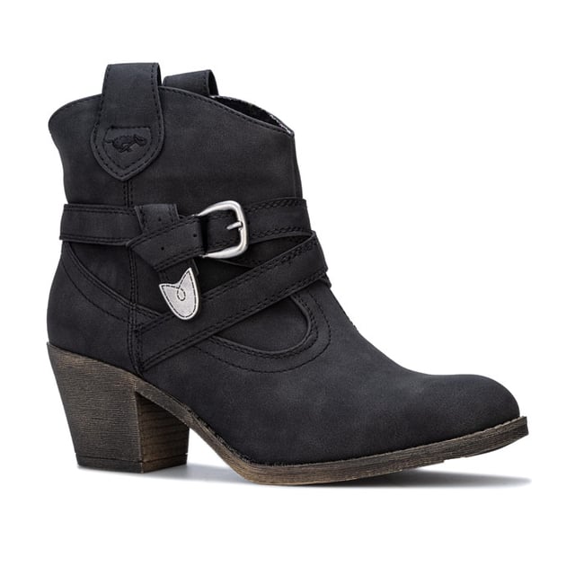 Womens Rocket Dog Satire Lane Boots in Black.- Faux leather western style boot.- Comfortable lining to inner collar.- Almond shaped toe.- Ankle strap and buckle detail.- Side pull-on tabs.- Rocket Dog branding to side.- Heel height 2.75in (7cm) approximately.- Boot height 3.75in (9.5cm) approximately (back measurement).- Synthetic upper  Textile lining  Synthetic sole.- Ref: SATIRELANE