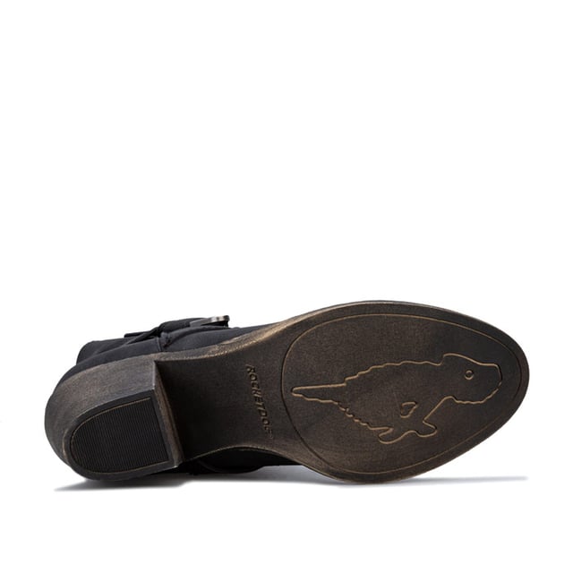 Womens Rocket Dog Satire Lane Boots in Black.- Faux leather western style boot.- Comfortable lining to inner collar.- Almond shaped toe.- Ankle strap and buckle detail.- Side pull-on tabs.- Rocket Dog branding to side.- Heel height 2.75in (7cm) approximately.- Boot height 3.75in (9.5cm) approximately (back measurement).- Synthetic upper  Textile lining  Synthetic sole.- Ref: SATIRELANE