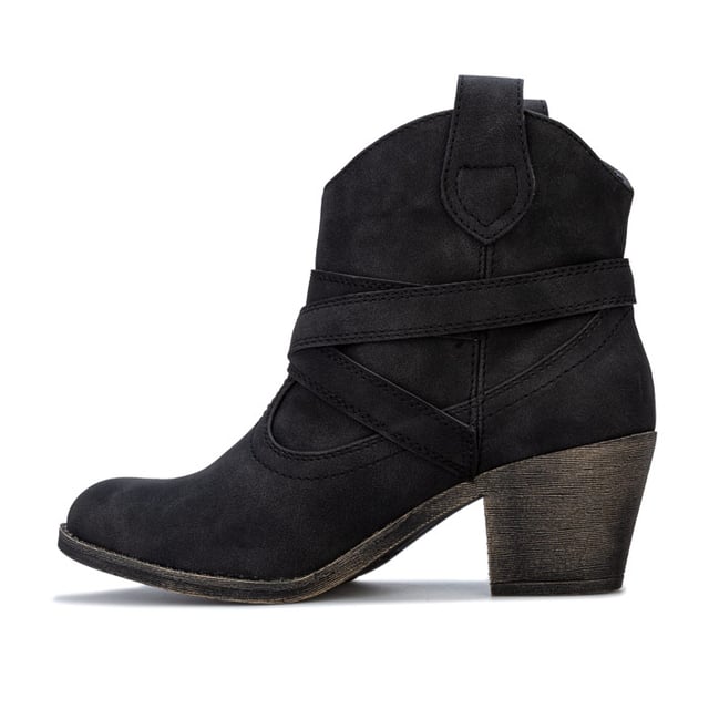 Womens Rocket Dog Satire Lane Boots in Black.- Faux leather western style boot.- Comfortable lining to inner collar.- Almond shaped toe.- Ankle strap and buckle detail.- Side pull-on tabs.- Rocket Dog branding to side.- Heel height 2.75in (7cm) approximately.- Boot height 3.75in (9.5cm) approximately (back measurement).- Synthetic upper  Textile lining  Synthetic sole.- Ref: SATIRELANE