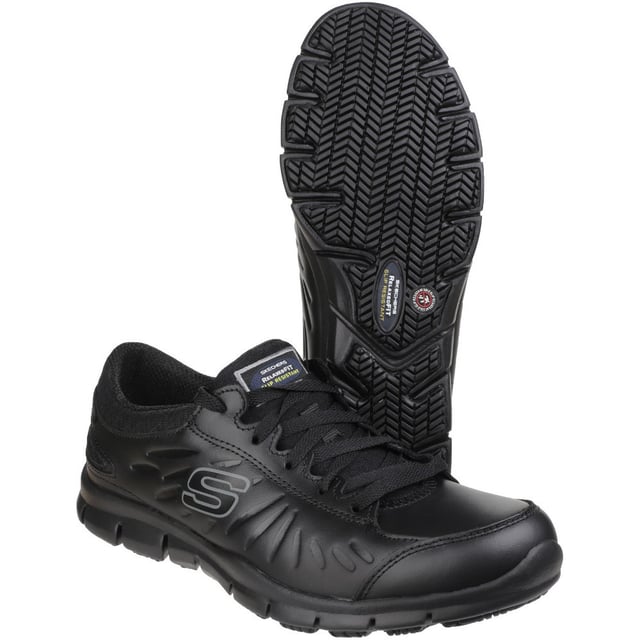 Sporty style meets surefooted comfort in the SKECHERS Work Relaxed Fit: Eldred SR shoe. Smooth leather upper in a lace up sporty casual work slip resistant sneaker with stitching accents and Memory Foam insole.