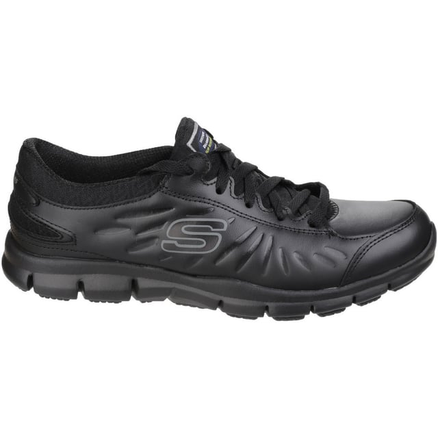 Sporty style meets surefooted comfort in the SKECHERS Work Relaxed Fit: Eldred SR shoe. Smooth leather upper in a lace up sporty casual work slip resistant sneaker with stitching accents and Memory Foam insole.