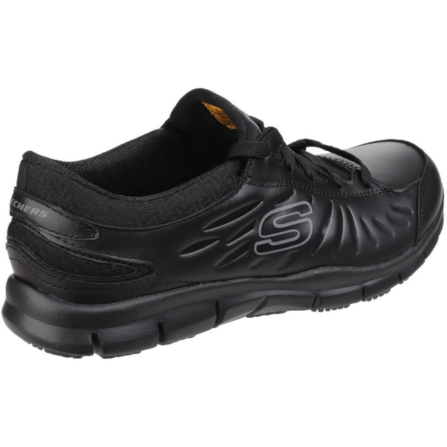 Sporty style meets surefooted comfort in the SKECHERS Work Relaxed Fit: Eldred SR shoe. Smooth leather upper in a lace up sporty casual work slip resistant sneaker with stitching accents and Memory Foam insole.