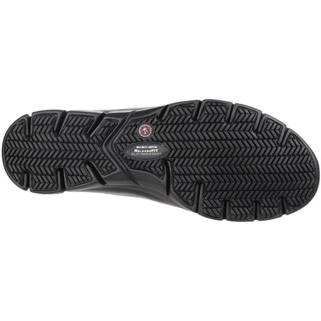 Sporty style meets surefooted comfort in the SKECHERS Work Relaxed Fit: Eldred SR shoe. Smooth leather upper in a lace up sporty casual work slip resistant sneaker with stitching accents and Memory Foam insole.