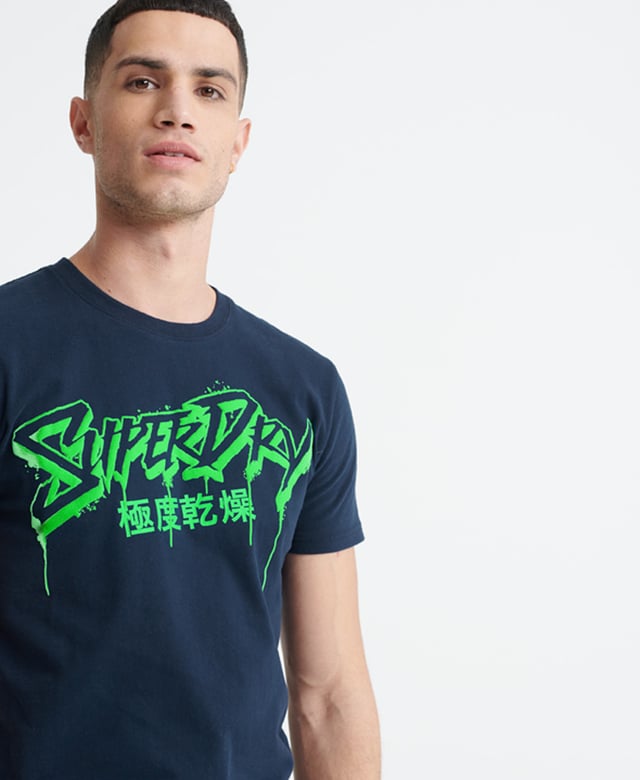 Superdry men's Neon classic t-shirt. A crew neck tee featuring short sleeves, and a textured neon Superdry print across the chest. Pair with jeans for a casual look with a neon twist.