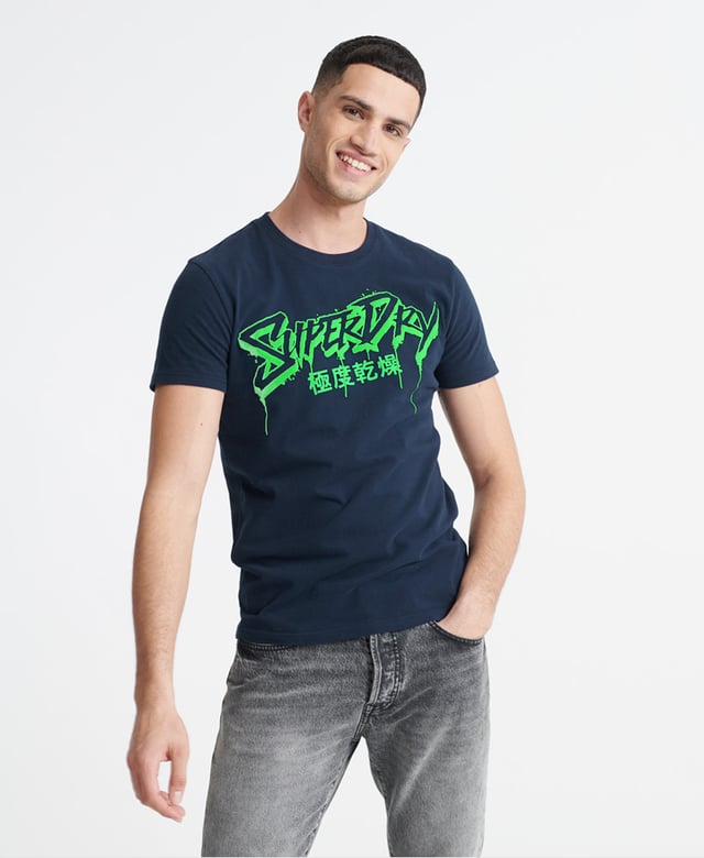 Superdry men's Neon classic t-shirt. A crew neck tee featuring short sleeves, and a textured neon Superdry print across the chest. Pair with jeans for a casual look with a neon twist.
