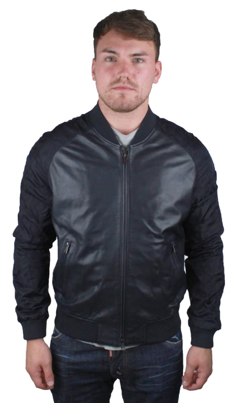 Emporio Armani W1B54P W1P58 0011 Leather Jacket. Black Leather Jacket. Two Way Central Zip Closure. Elasicated Waist and Sleeve Endings. Polyester Arms With Camo Print. Branded Badge on Left Shoulder