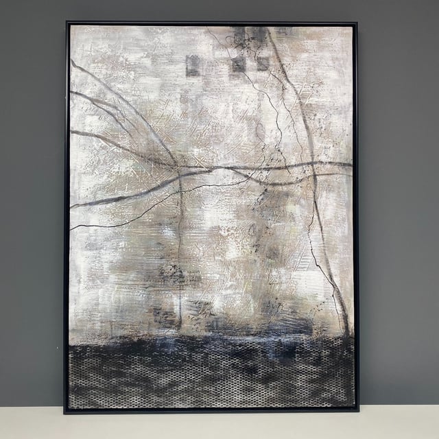 Abstract hand painted canvas art boasting a black frame. 

Hanging Position: Vertical

The perfect addition to any contemporary interiors, featuring an abstract hand painted canvas exclusive to Pagazzi. Boasting monochrome layered detailing with netted effect. Place in bedrooms, lounges and hallways to add a modern touch. 
