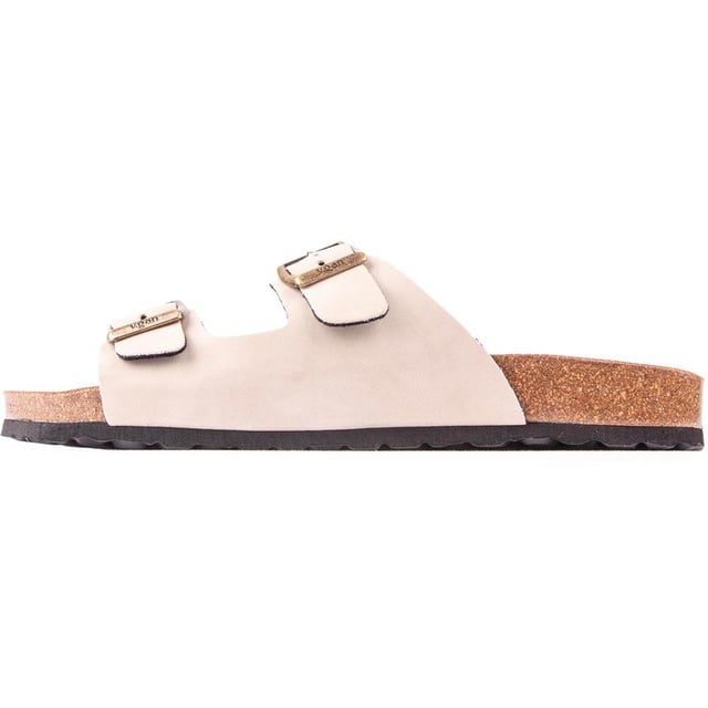 Moda con conciencia y sensación de bienestar, la sandalia con plantilla Mango V.gan, sencilla y ecológica, no solo es buena para tus pies, sino que también es respetuosa con los animales, sostenible y de origen ético. La cómoda sandalia de doble correa está rematada con hebillas metálicas ajustables y la chancla clásica ofrece la plantilla moldeada con la marca.
