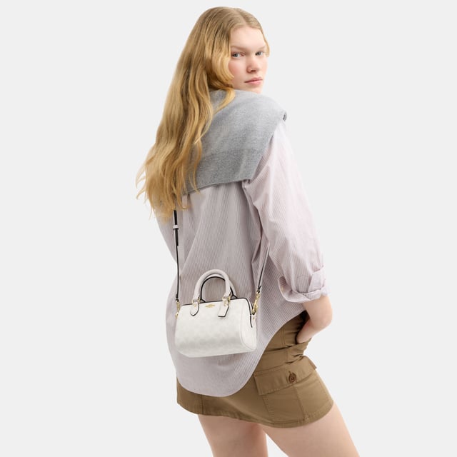 Mini Rowan Crossbody in Signature Canvas, Two credit card slots,  Length: 17.50 cm,  Width: 10.00 cm,  Height: 12.00 cm