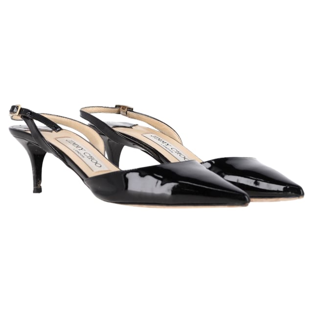 VINTAGE, RRP AS NEW
 Step into timeless elegance with the Jimmy Choo Tilly Slingback Kitten Heel Pumps in sleek black patent leather. These sophisticated pumps offer a perfect blend of classic style and modern design, making them a must-have for any wardrobe. Crafted from high-quality black patent leather, these pumps have a glossy, polished finish that exudes luxury. The delicate slingback strap provides a secure fit, while the refined kitten heel adds a touch of height and comfort, making them perfect for all-day wear. The pointed toe design enhances the sleek, elegant silhouette, making them suitable for both office settings and evening occasions.

Jimmy Choo Tilly Slingback Kitten Heel Pumps in Black Patent Leather

Condition: Very good
Signs of wear: Minor markings, Lightly used but very well maintained. Minor mark at soles & creasing, light scuffing at the soles and heels.
Packaging: Dust bag
Color: Black
Material: Leather | patent leather
Size: EU | 36/IT36/UK3/US6
Measurements: Heel height: 55; Insole length: 260
SKU: TONPUGBSH453608W