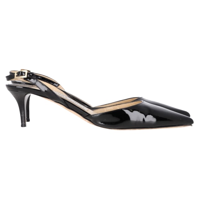 VINTAGE, RRP AS NEW
 Step into timeless elegance with the Jimmy Choo Tilly Slingback Kitten Heel Pumps in sleek black patent leather. These sophisticated pumps offer a perfect blend of classic style and modern design, making them a must-have for any wardrobe. Crafted from high-quality black patent leather, these pumps have a glossy, polished finish that exudes luxury. The delicate slingback strap provides a secure fit, while the refined kitten heel adds a touch of height and comfort, making them perfect for all-day wear. The pointed toe design enhances the sleek, elegant silhouette, making them suitable for both office settings and evening occasions.

Jimmy Choo Tilly Slingback Kitten Heel Pumps in Black Patent Leather

Condition: Very good
Signs of wear: Minor markings, Lightly used but very well maintained. Minor mark at soles & creasing, light scuffing at the soles and heels.
Packaging: Dust bag
Color: Black
Material: Leather | patent leather
Size: EU | 36/IT36/UK3/US6
Measurements: Heel height: 55; Insole length: 260
SKU: TONPUGBSH453608W