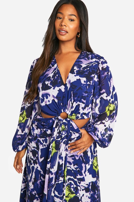 Plus Floral Print Chiffon Cut Out Maxi Dress