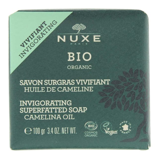 Nuxe Bio Organic Invigorating Superfatted Soap 100g Nuxe Bio Organic Invigorating Superfatted Soap is an organic soap which cleanses the face and body, leaving skin purified, soft and fresh. The soap has been designed to be suitable for all skin types, thanks to a creamy and moisturising texture, enriched with Organic Camelina Oil. The soap has been designed to leave skin cleansed by removing make up, impurities and pollution.