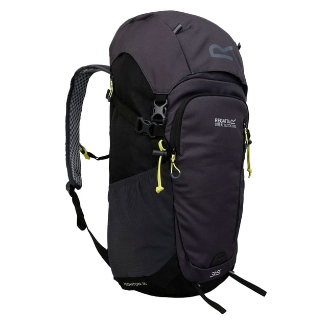 Denier: 600D. Kapacitet: 35L. Fickor: 1 sidoficka, dragkedja, 2 nätfickor. Fack: 1 frontfack, 1 huvudfack, med dragkedja. Justerbar, rygg i luftnät, avtagbart regnskydd, invändig vätskeförvaring, lastjusteringsremmar, vadderad, vadderade justerbara axelremmar, vadderat höftbälte, sidokompressionsremmar, slanghållare, ventilationspaneler. Design: Kontrast, Logotyp, Reflekterande detaljer, Text. Tygteknik: DWR-finish. Fästanordning: Lock, snabbspänne.