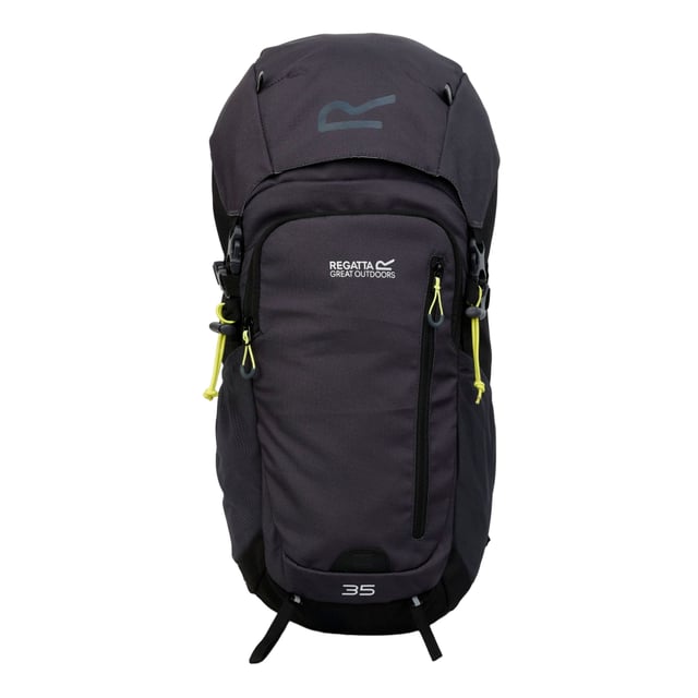 Denier: 600D. Kapacitet: 35L. Fickor: 1 sidoficka, dragkedja, 2 nätfickor. Fack: 1 frontfack, 1 huvudfack, med dragkedja. Justerbar, rygg i luftnät, avtagbart regnskydd, invändig vätskeförvaring, lastjusteringsremmar, vadderad, vadderade justerbara axelremmar, vadderat höftbälte, sidokompressionsremmar, slanghållare, ventilationspaneler. Design: Kontrast, Logotyp, Reflekterande detaljer, Text. Tygteknik: DWR-finish. Fästanordning: Lock, snabbspänne.
