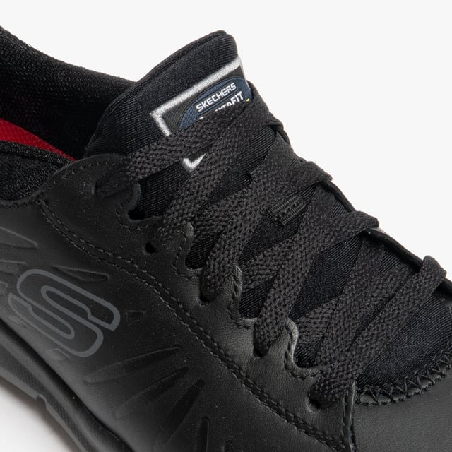 Sporty style meets surefooted comfort in the SKECHERS Work Relaxed Fit: Eldred SR shoe. Smooth leather upper in a lace up sporty casual work slip resistant sneaker with stitching accents and Memory Foam insole.