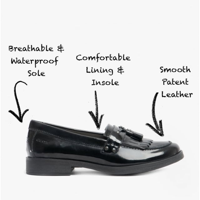 GEOX JR AGATA Girls Moccasin Tassel School Shoes Patent Black

 Upper Material: Patent Leather

Lining Material: Synthetic

Sole Material: Rubber

Closure/Fastening: Slip-On

Features: Comfort

Toe Shape: Round

Shoe Width: Regular

Item Weight: 0.909 KG

Heel Height: Flat (Under 2.5cm)

Shoe Shaft Height: Low Top

Shoe Style: School

Gift Boxed: No
Product Code: 29343-49692