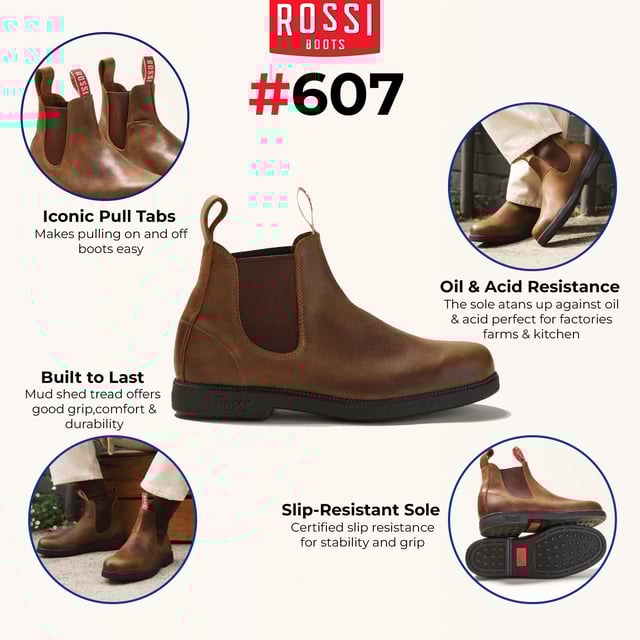 Botines Chelsea de piel marrón rústica Rossi 607 Booma Presentamos las botas Rossi 607 Booma, una fusión perfecta de estilo, durabilidad y rendimiento inigualable. Estas botas Chelsea, confeccionadas con cuero de grano completo marrón de primera calidad con un llamativo refuerzo burdeos, están diseñadas para satisfacer las demandas de entornos de trabajo difíciles y aventuras urbanas, al mismo tiempo que ofrecen una comodidad excepcional y una estética destacada. Características principales: Construcción de cuero de grano completo de primera calidad: hechas de cuero de grano completo marrón de alta calidad, estas botas brindan una durabilidad excepcional y un aspecto pulido y atemporal que supera a competidores como Blundstone. Llamativos refuerzos y lengüetas de tiro burdeos: los refuerzos elásticos burdeos vibrantes combinados con resistentes lengüetas de tiro no solo elevan el estilo, sino que también hacen que ponerse estas botas sea muy fácil. Suela Mud-Shed Tread: diseñada para exteriores, la innovadora suela Mud-Shed brinda un agarre y una comodidad excepcionales al tiempo que evita la acumulación de escombros, ideal para la agricultura, la jardinería, el paisajismo o cualquier terreno. Suela antideslizante certificada: diseñada para brindar estabilidad en superficies resbaladizas o irregulares, lo que garantiza la máxima seguridad en cualquier entorno, desde senderos fangosos hasta pisos pulidos. Resistencia al aceite y al ácido: con una suela que resiste al aceite y al ácido, estas botas son perfectamente adecuadas para trabajos exigentes en granjas, fábricas, cocinas y otros lugares de trabajo desafiantes. Interior forrado en cuero: el forro de cuero transpirable ofrece una comodidad superior, manteniendo sus pies frescos y sujetos durante largas horas de uso. La bota Chelsea Rossi Boots 607 Booma es más que un simple calzado: es una compañera versátil diseñada para los desafíos más difíciles de la vida y los momentos más elegantes. Desde los caminos de tierra del campo hasta las bulliciosas calles de la ciudad, estas botas brindan la combinación perfecta de funcionalidad resistente y sofisticación moderna. Con sus distintivos acentos burdeos, artesanía duradera y comodidad durante todo el día, la 607 Booma es la mejor opción para aquellos que exigen estilo y rendimiento en cada paso.
