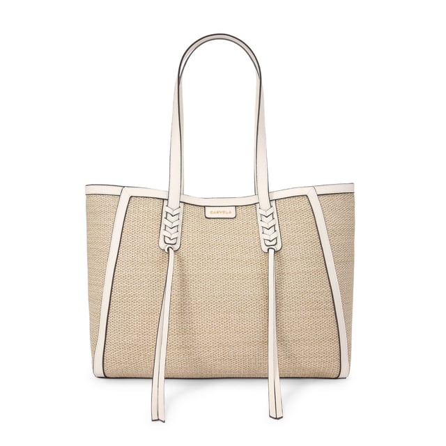 This Kurt Geiger Tassel Winged Tote bag features a natural woven raffia exterior with a small gold branding detail on the front. Each shoulder strap is accented with a braided tassel detail. Dimensions: 31cm (H), 39cm (L), 12cm (D). Strap length: 64cm.