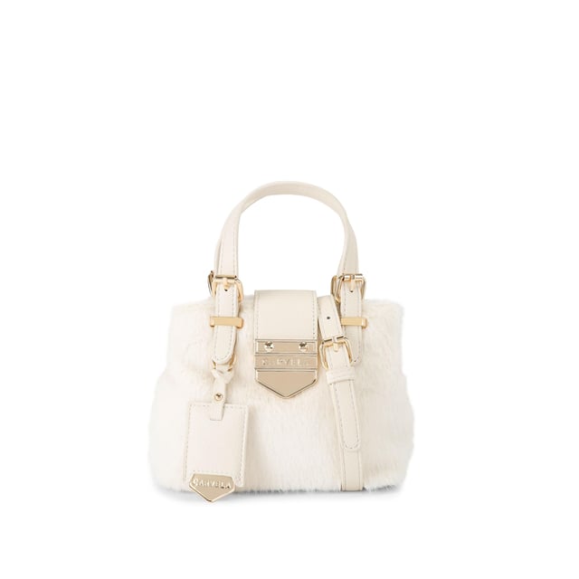 The Carvela Micro Maria Weave bag is a tote bag crafted from a white faux fur. There are metallic gold and leather alternative bone trims and luggage style tag on the front. Dimensions: 14cm (H), 17cm (W), 9cm (D). Strap length: 121cm.