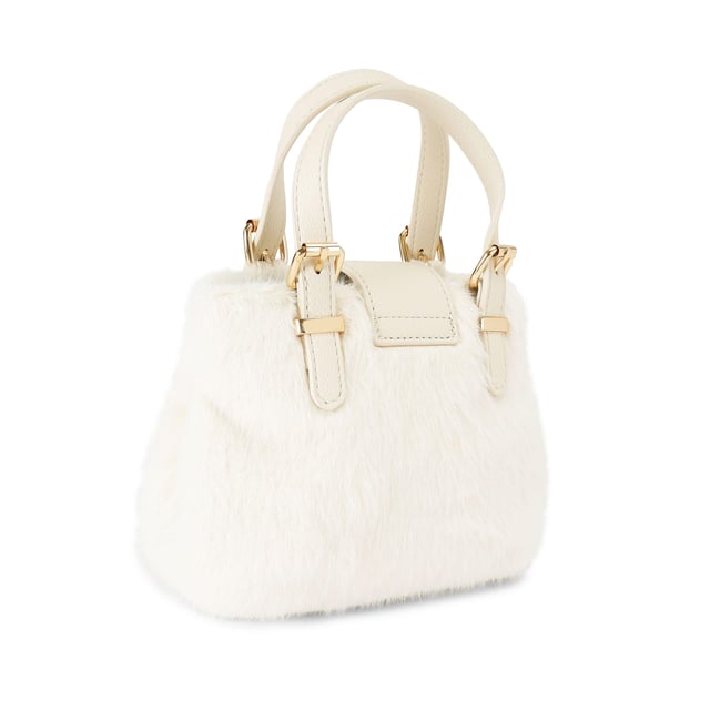 The Carvela Micro Maria Weave bag is a tote bag crafted from a white faux fur. There are metallic gold and leather alternative bone trims and luggage style tag on the front. Dimensions: 14cm (H), 17cm (W), 9cm (D). Strap length: 121cm.