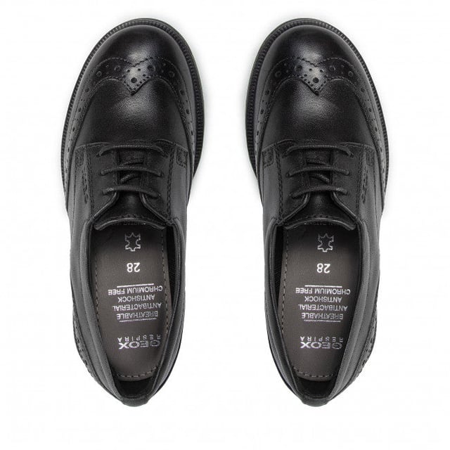 GEOX AGATA Girls Shoes Smooth Black

 Upper Material: Leather

Lining Material: Textile/Synthetic

Sole Material: Synthetic

Closure/Fastening: Lace-Up

Features: Comfort,Breathable

Toe Shape: Round

Shoe Width: Regular

Item Weight: 0.905 KG

Heel Height: Low (2.5-4.9cm)

Shoe Style: School
Product Code: J8449D-00043-C9999
