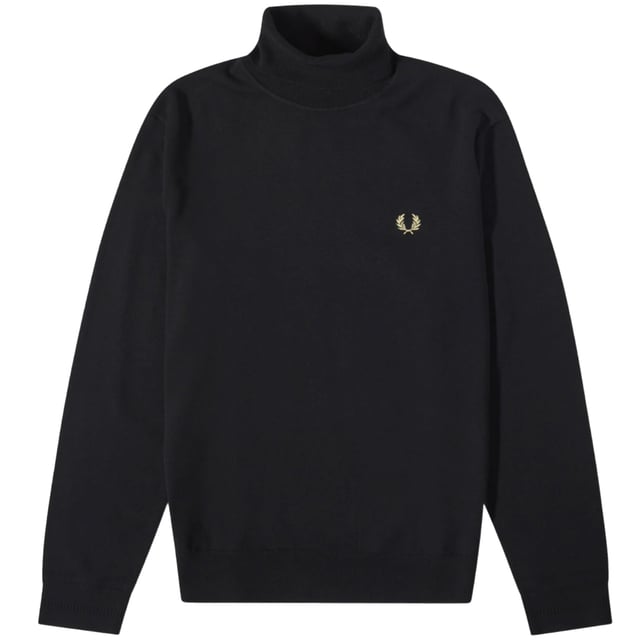 Fred Perry zwarte trui, 54% wol, 46% katoen, rolkraag, elastische mouw en zoom, zwarte trui
